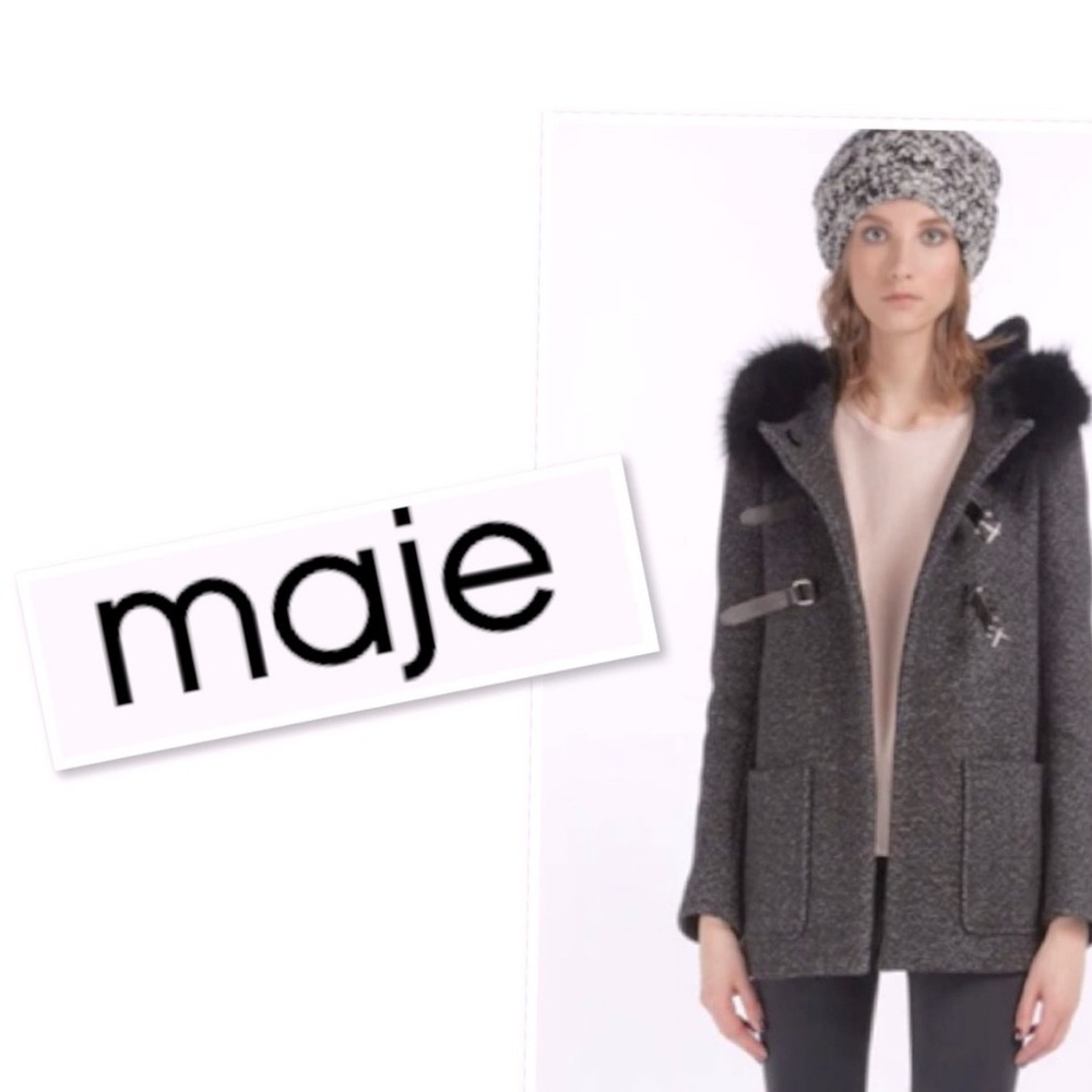 Maje Duffle Coat “Soiled” Wool/Cashmere Blend Jacket Grey/Black Tweed Sz 38Fr
